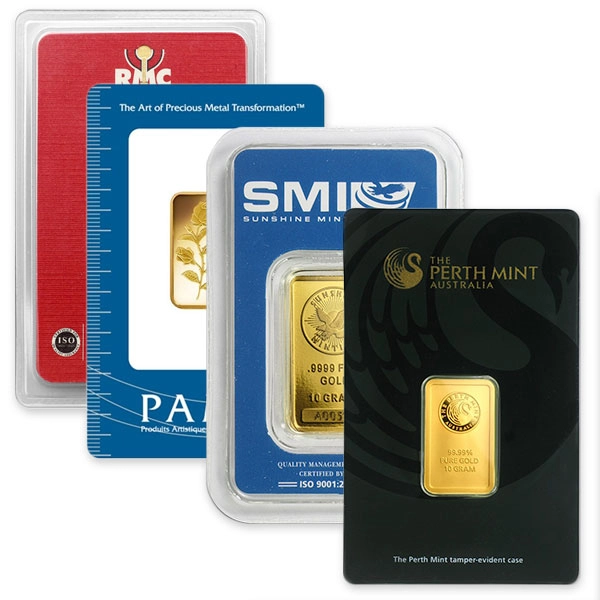 A selection of 10 gram gold bars, where the premium per troy ounce is higher than on a one-ounce bar.