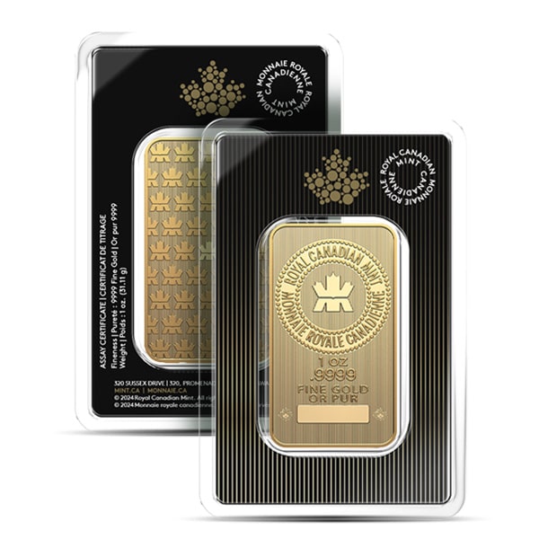 Royal Canadian Mint 1 oz gold bar sealed in an assay card, the format buyers weigh up when working out how much over spot for a 1 oz gold bar.