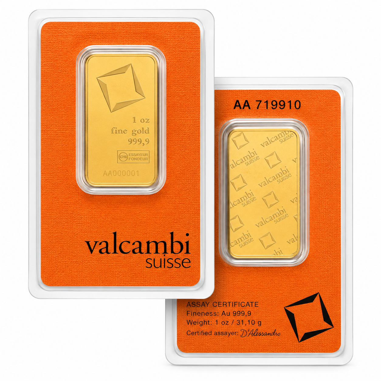 Valcambi 1 oz gold bar, .9999 fine, showing the refiner mark, stated weight and serial number.